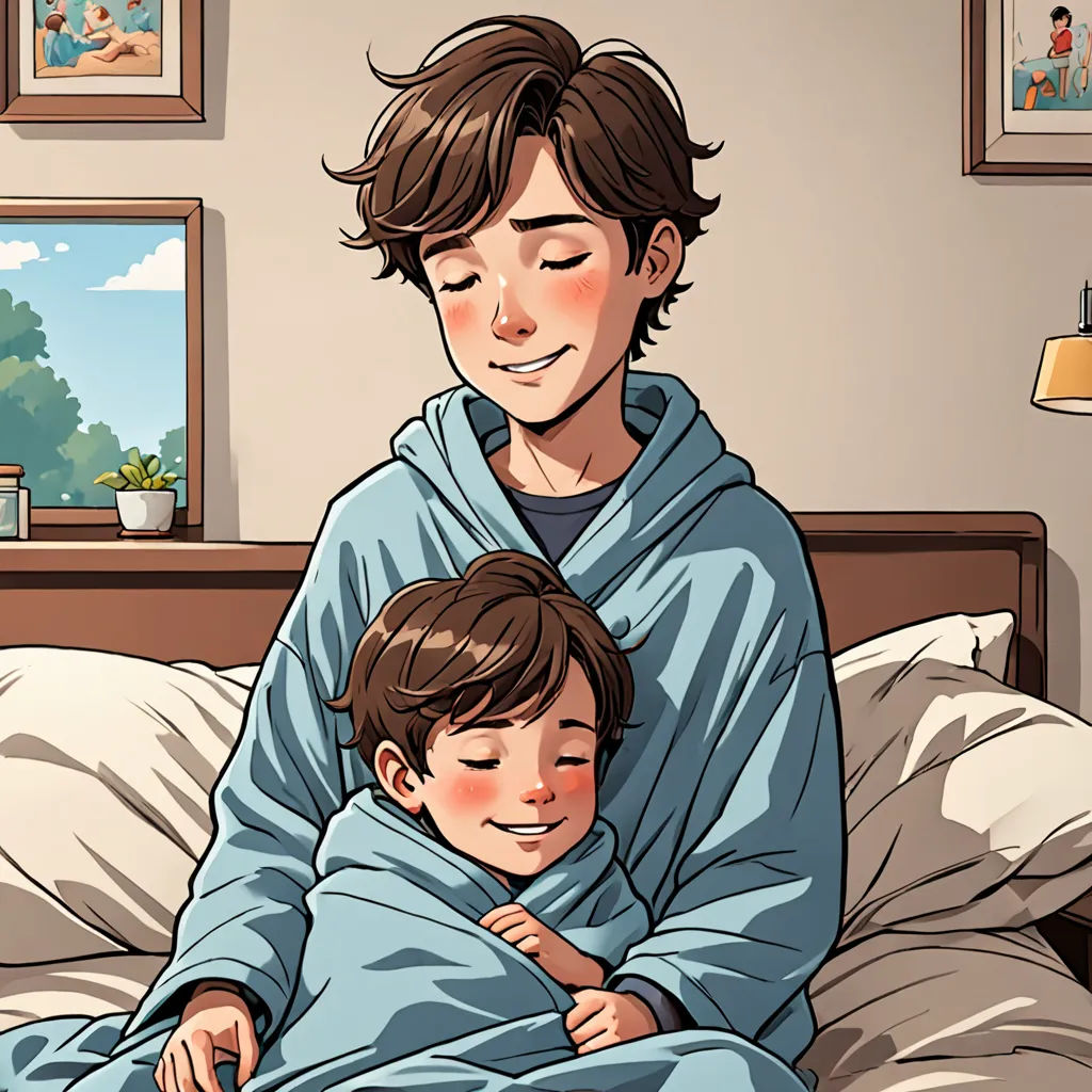 a man and a child wrapped in blankets on a bed in a bedroom with pictures on the wall and a window, serial art, a comic book panel, Diego Gisbert Llorens, official art