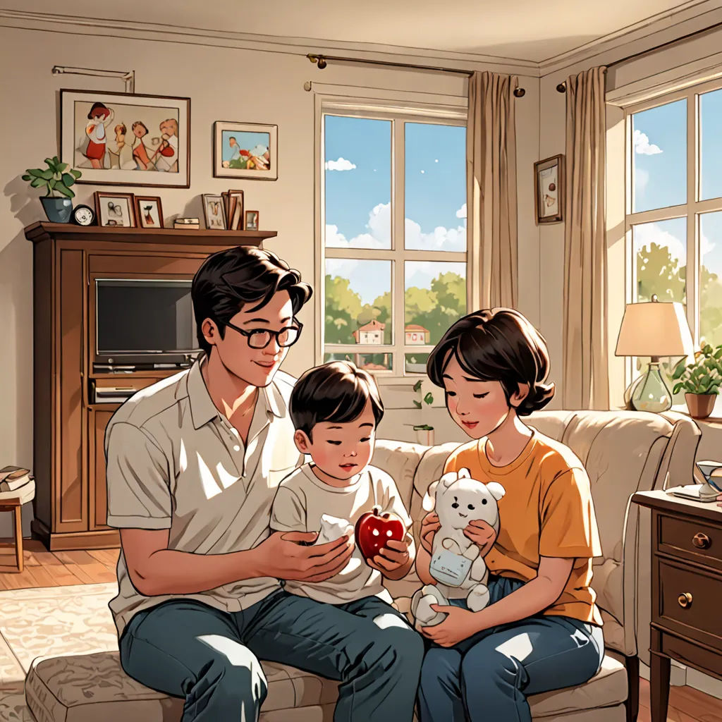 a man and two children sitting on a couch in a living room with a teddy bear and a teddy bear, american scene painting, a comic book panel, David Park, official art
