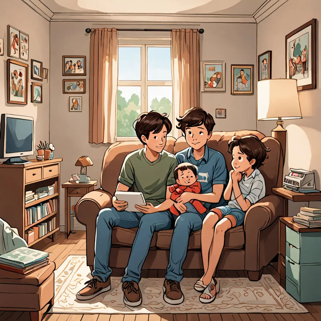 a family sitting on a couch in a living room with a tv and a window in the background,, art & language, a storybook illustration, David Park, official art