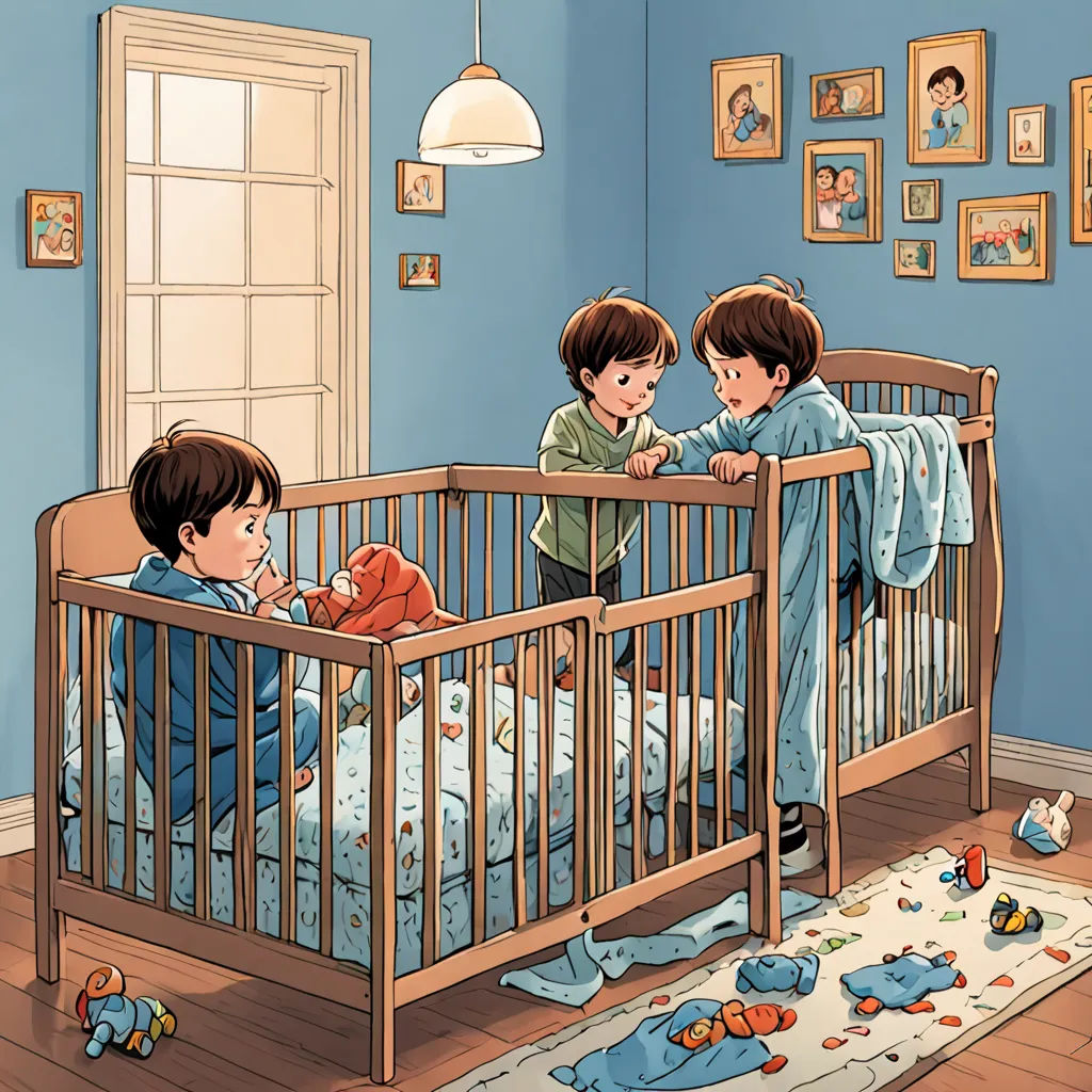 a cartoon of a boy and two boys in a crib playing with a stuffed animal and a baby, lyco art, a storybook illustration, Diego Gisbert Llorens, storybook illustration