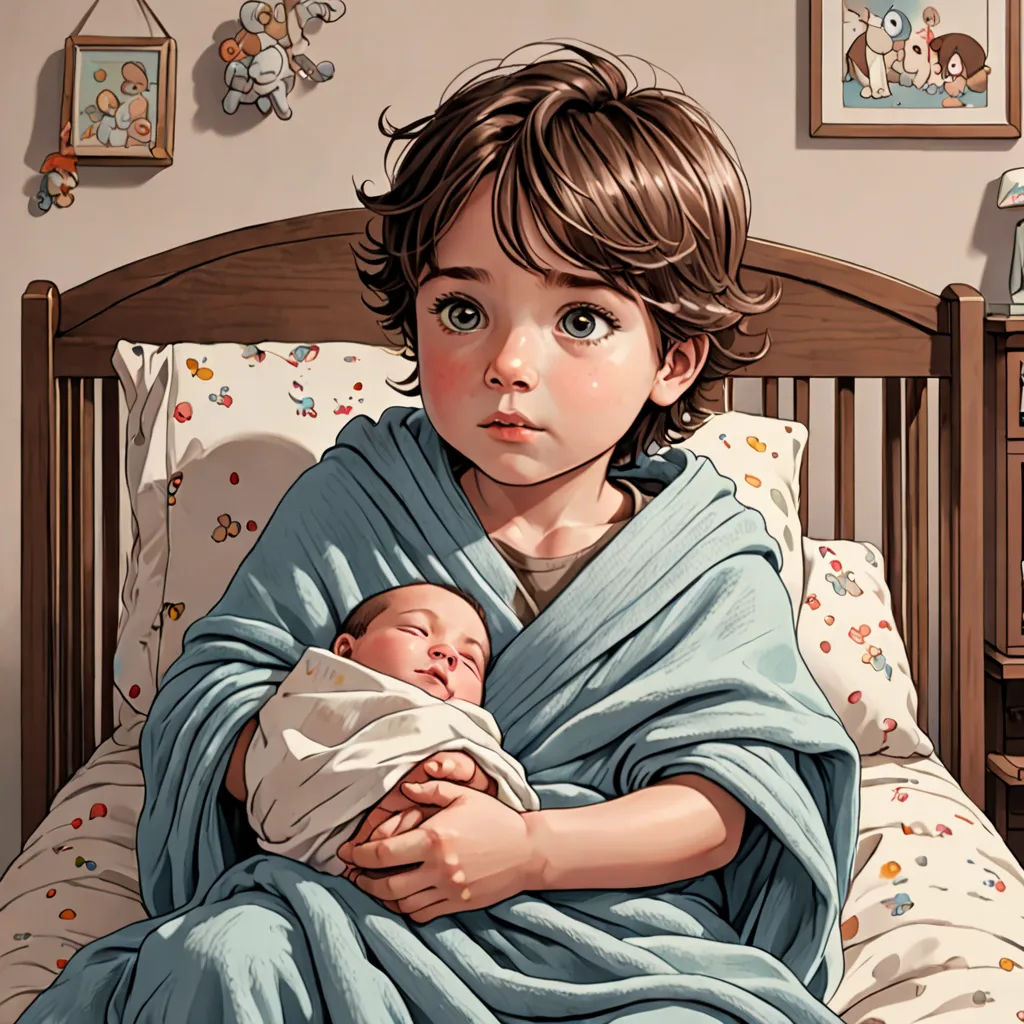 a painting of a child wrapped in a blanket holding a baby in a crib with a teddy bear on the wall, hyperrealism, a storybook illustration, Artgerm, stanley artgerm lau