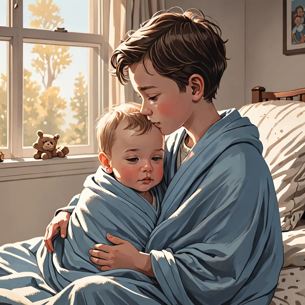 a painting of a man holding a baby wrapped in a blanket in a bedroom with a teddy bear on the bed, american scene painting, a storybook illustration, Brothers Hildebrandt, stanley artgerm lau
