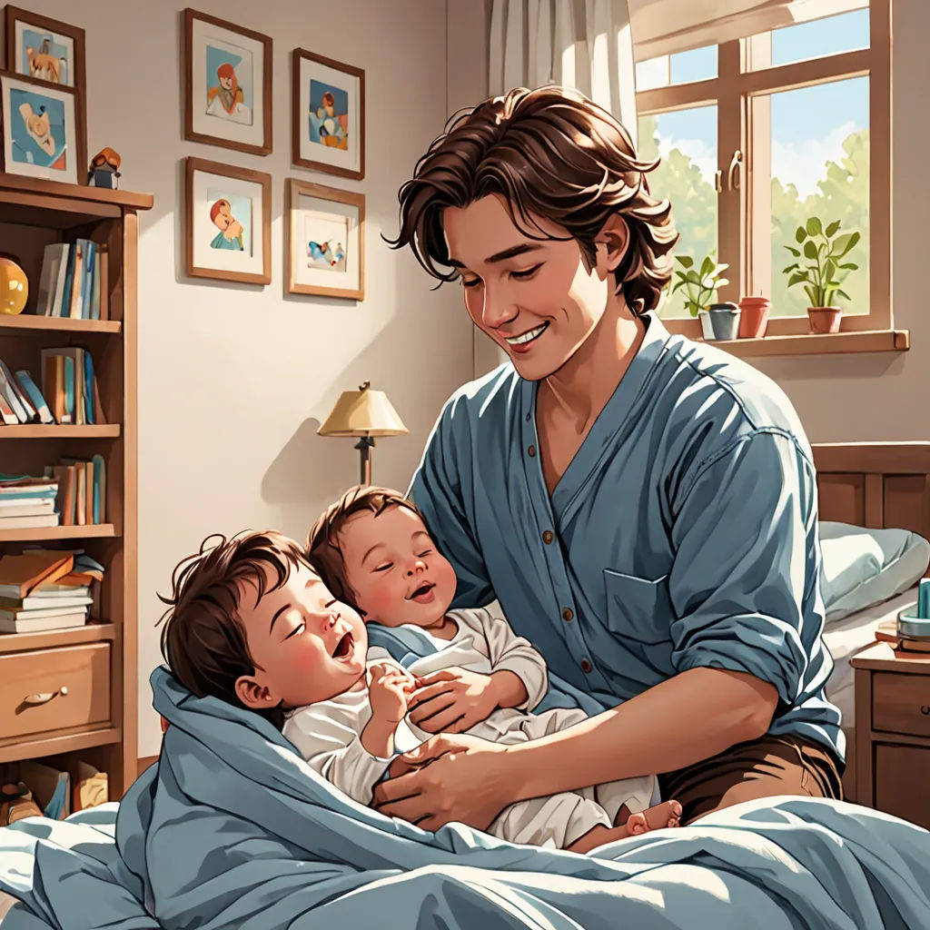 a man holding a baby and smiling at the camera while sitting on a bed with a baby in his lap, magical realism, a storybook illustration, Brothers Hildebrandt, official art