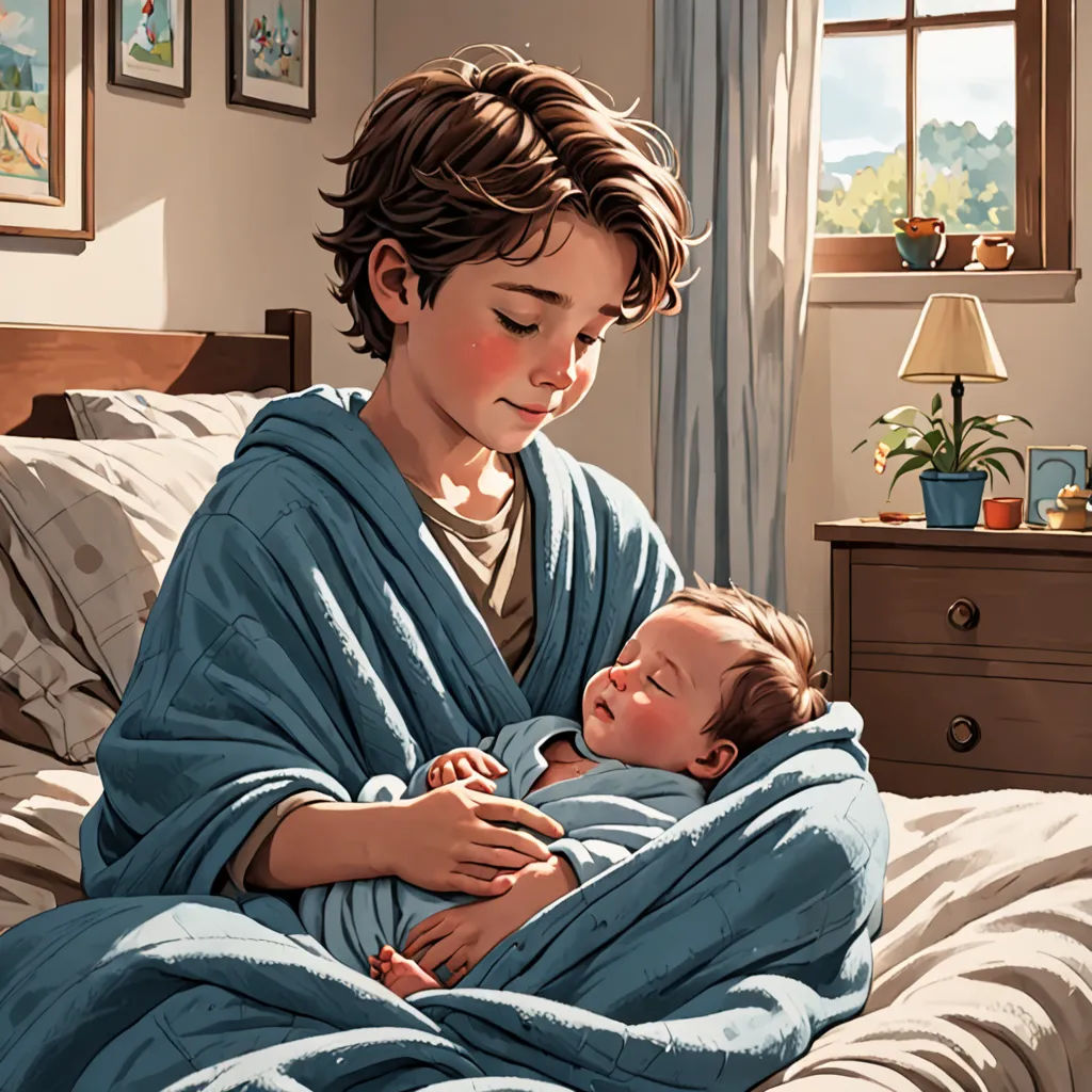 a woman holding a baby wrapped in a blanket on a bed in a bedroom with a window and a dresser, american scene painting, a storybook illustration, Brothers Hildebrandt, official art