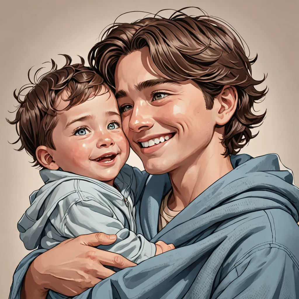 a man holding a baby wrapped in a blanket smiling at the camera with his arm around the baby's shoulders, photorealism, a photorealistic painting, Brothers Hildebrandt, photorealistic portrait
