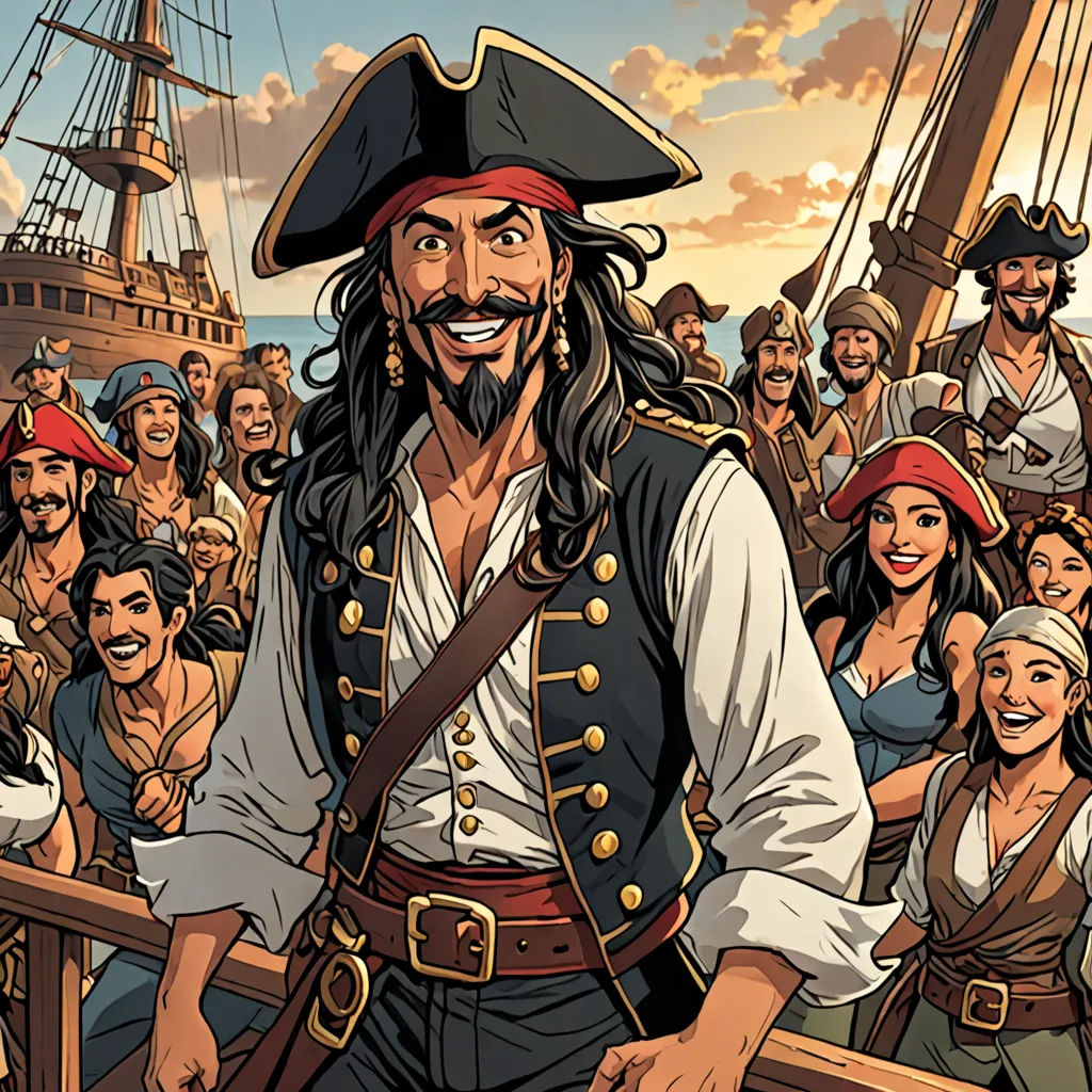 a cartoon of a pirate with a lot of people behind him and a ship in the background with a pirate on it, context art, a character portrait, Altoon Sultan, promotional image