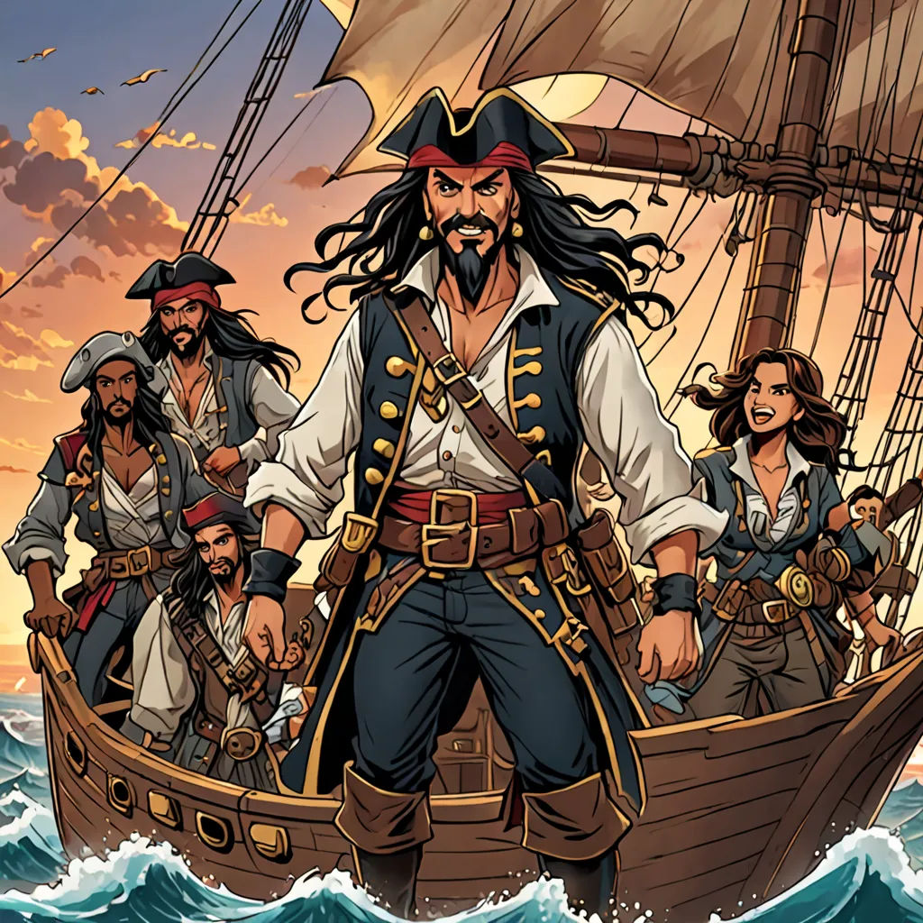a cartoon of a pirate ship with a group of people on it in the water and a sunset behind it, fantasy art, a comic book panel, Diego Gisbert Llorens, comic cover art