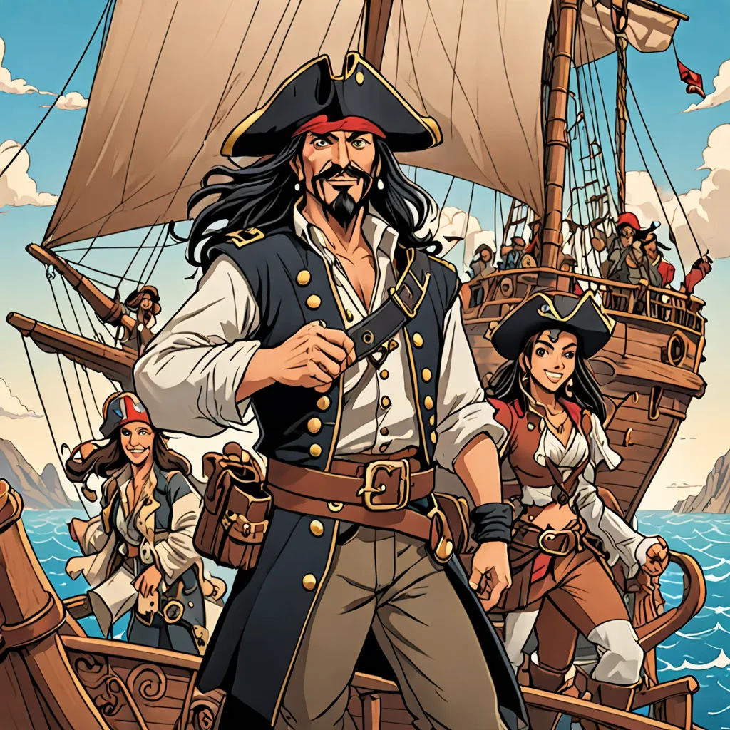 a cartoon of a pirate with a lot of other people on a ship in the background, and a pirate in the foreground, fantasy art, a comic book panel, Diego Gisbert Llorens, comic cover art