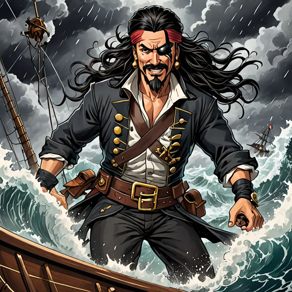 a pirate in a boat in the ocean with a beard and a mustache on his head and a beard, fantasy art, a character portrait, Diego Gisbert Llorens, magic the gathering artwork