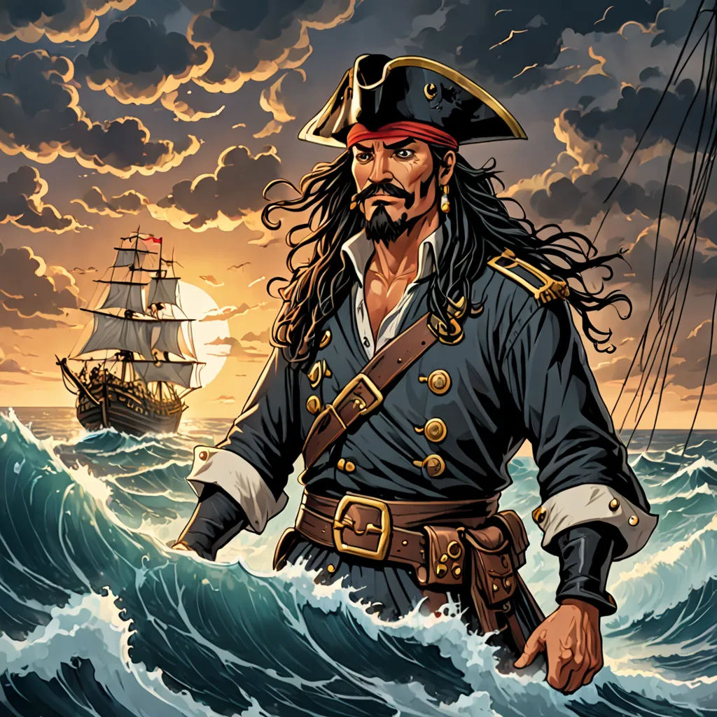 a pirate in a black suit and a ship in the background with a cloudy sky and sun behind him, fantasy art, a character portrait, Diego Gisbert Llorens, magic the gathering artwork