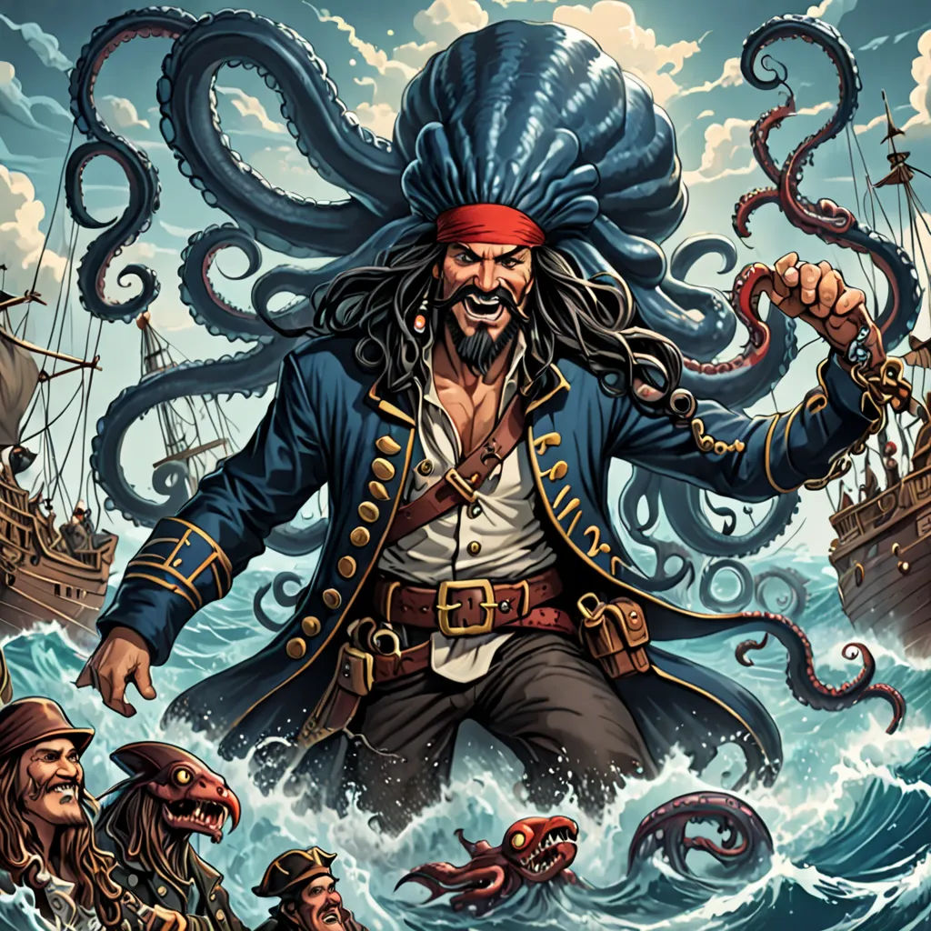 a pirate with octopus tentacles and a ship in the background with a pirate on it's back and a octopus in his hand, fantasy art, a storybook illustration, Diego Gisbert Llorens, league of legends splash art