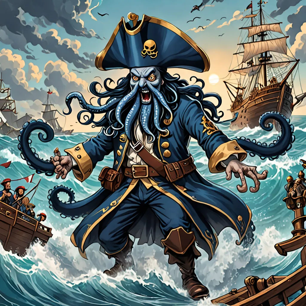 a pirate with a beard and a beard in a blue outfit is standing on a boat in the ocean, fantasy art, a character portrait, Ed Binkley, league of legends splash art