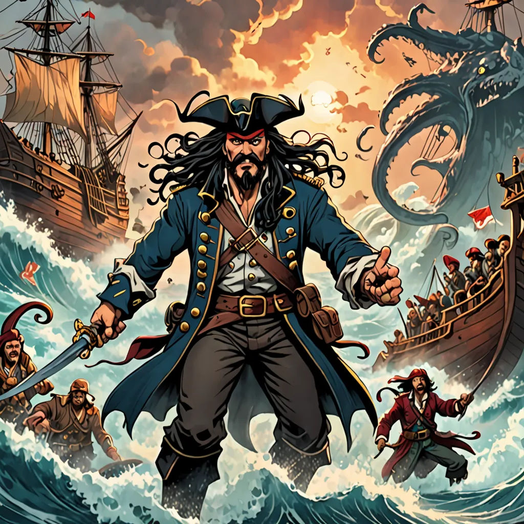a pirate with a gun and a sword in front of a ship in the ocean with a giant octopus, fantasy art, a comic book panel, Diego Gisbert Llorens, comic cover art
