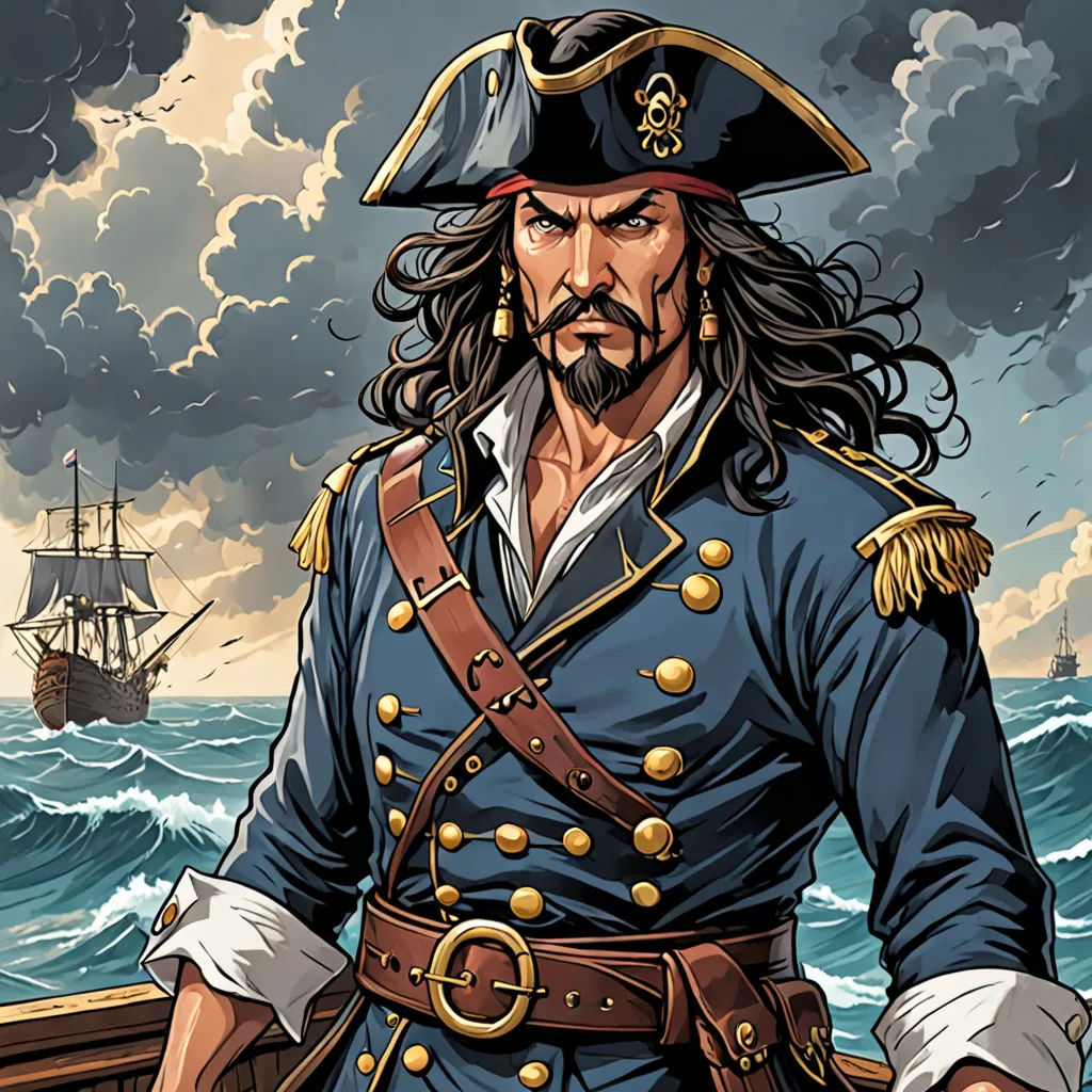 a man in a pirate costume standing on a boat in the ocean with a ship in the background and a ship in the water, fantasy art, a character portrait, Diego Gisbert Llorens, character portrait