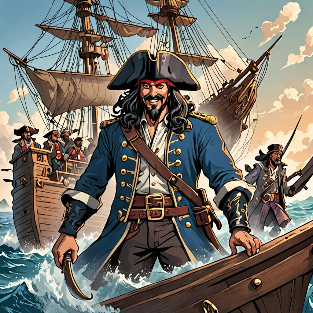 a pirate with a long beard and a beard in a boat in the ocean with other ships in the background, fantasy art, a character portrait, Diego Gisbert Llorens, comic cover art