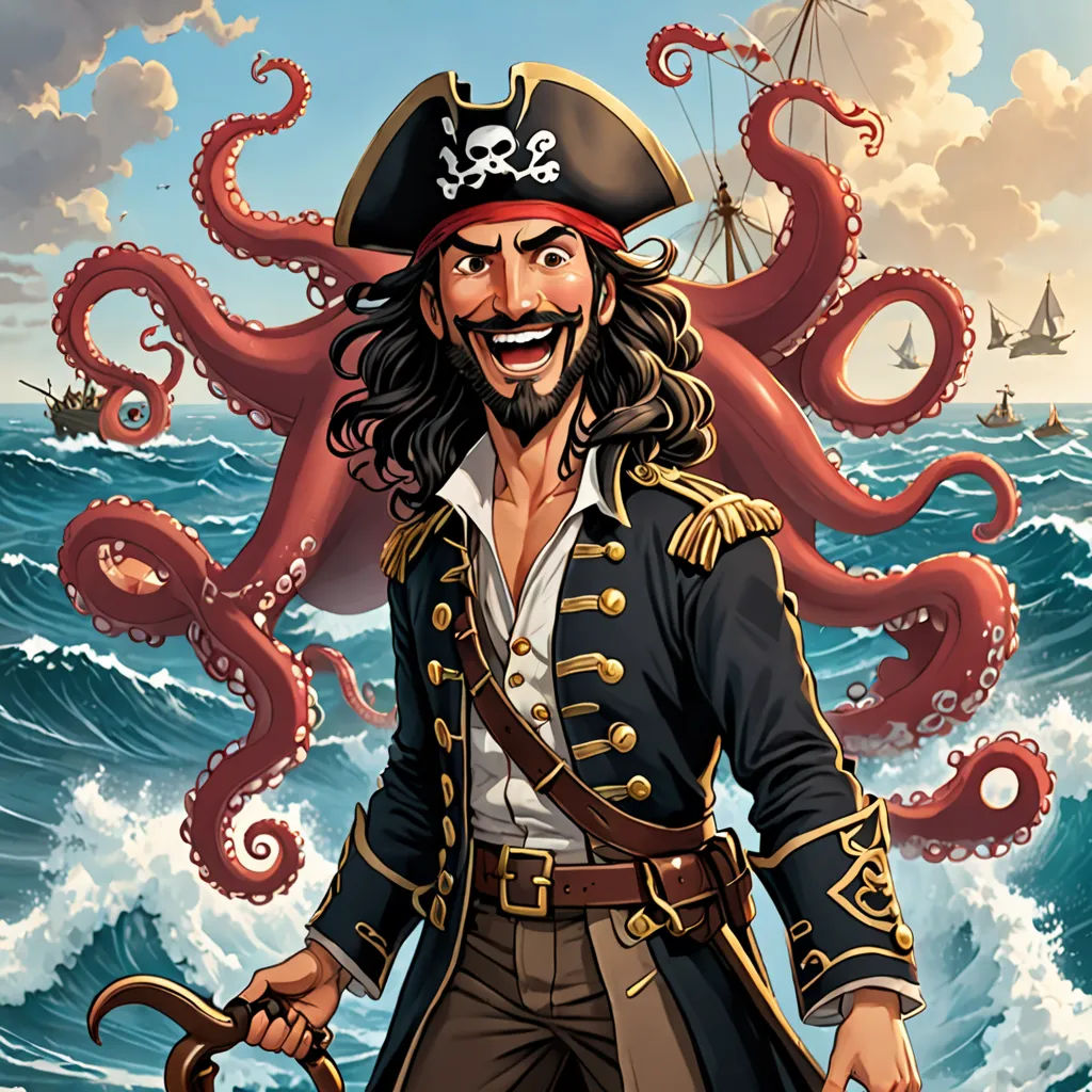 a pirate with an octopus on his shoulder and a sword in his hand, standing in front of a giant octopus, fantasy art, a character portrait, Diego Gisbert Llorens, league of legends splash art
