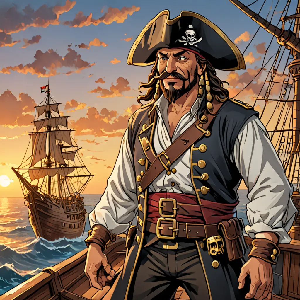 a pirate standing on a boat in the ocean at sunset with a ship in the background and a ship in the foreground, fantasy art, a character portrait, Altoon Sultan, official art