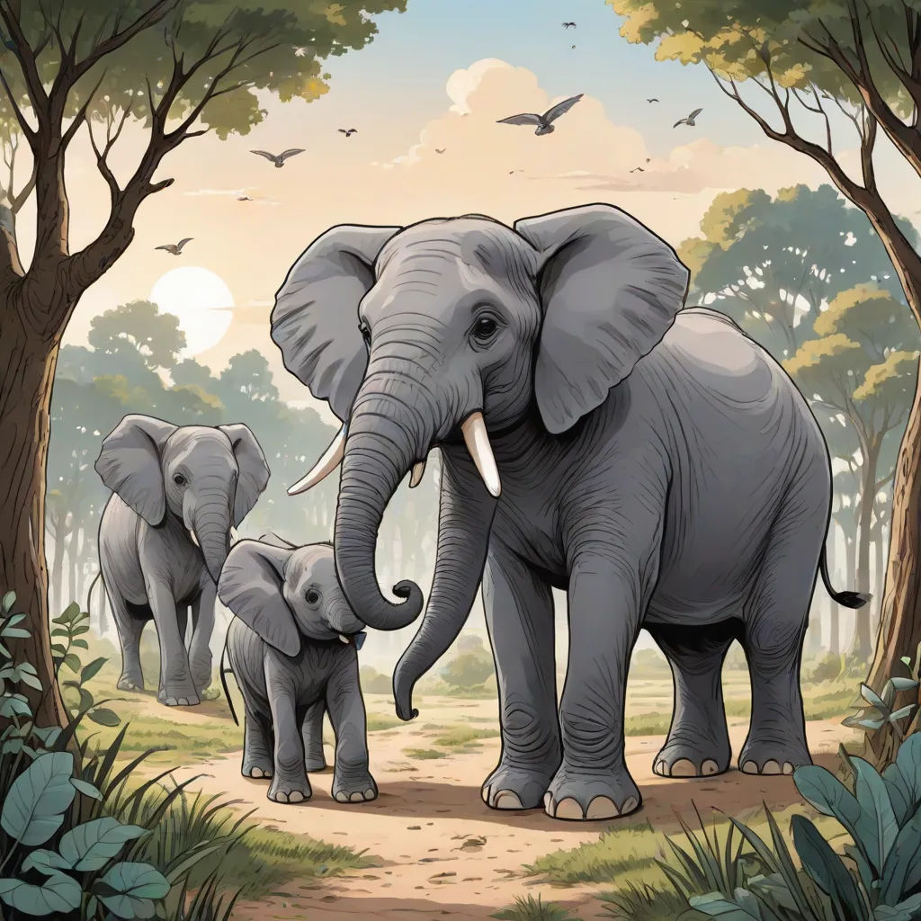 a family of elephants walking through a forest with birds flying overhead and trees in the background, with a baby elephant in the foreground, Chris LaBrooy, sumatraism, a storybook illustration, storybook illustration