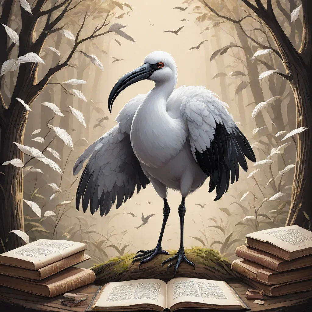 a bird standing on a book in a forest with trees and birds flying around it, with a book open to the side, Dirk Crabeth, fantasy art, a storybook illustration, storybook illustration