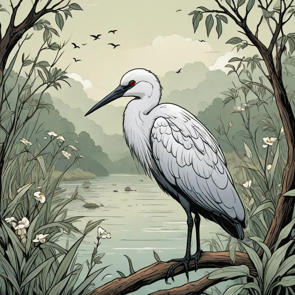 a white bird sitting on a branch in a forest next to a lake and birds flying overhead in the sky, Dan Mumford, ukiyo-e, a comic book panel, laurie greasley