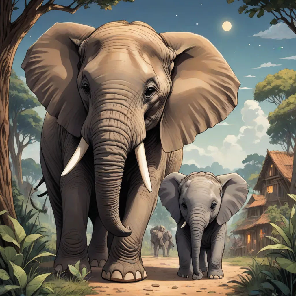 a couple of elephants walking down a dirt road next to a forest filled with trees and bushes and a house, Chris LaBrooy, sumatraism, a storybook illustration, highly detailed digital painting