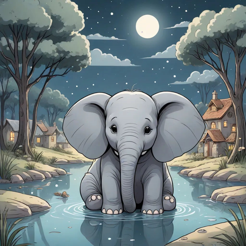 a cartoon elephant sitting in a river with a house in the background and a full moon in the sky, Amédée Ozenfant, pop surrealism, a storybook illustration, storybook illustration