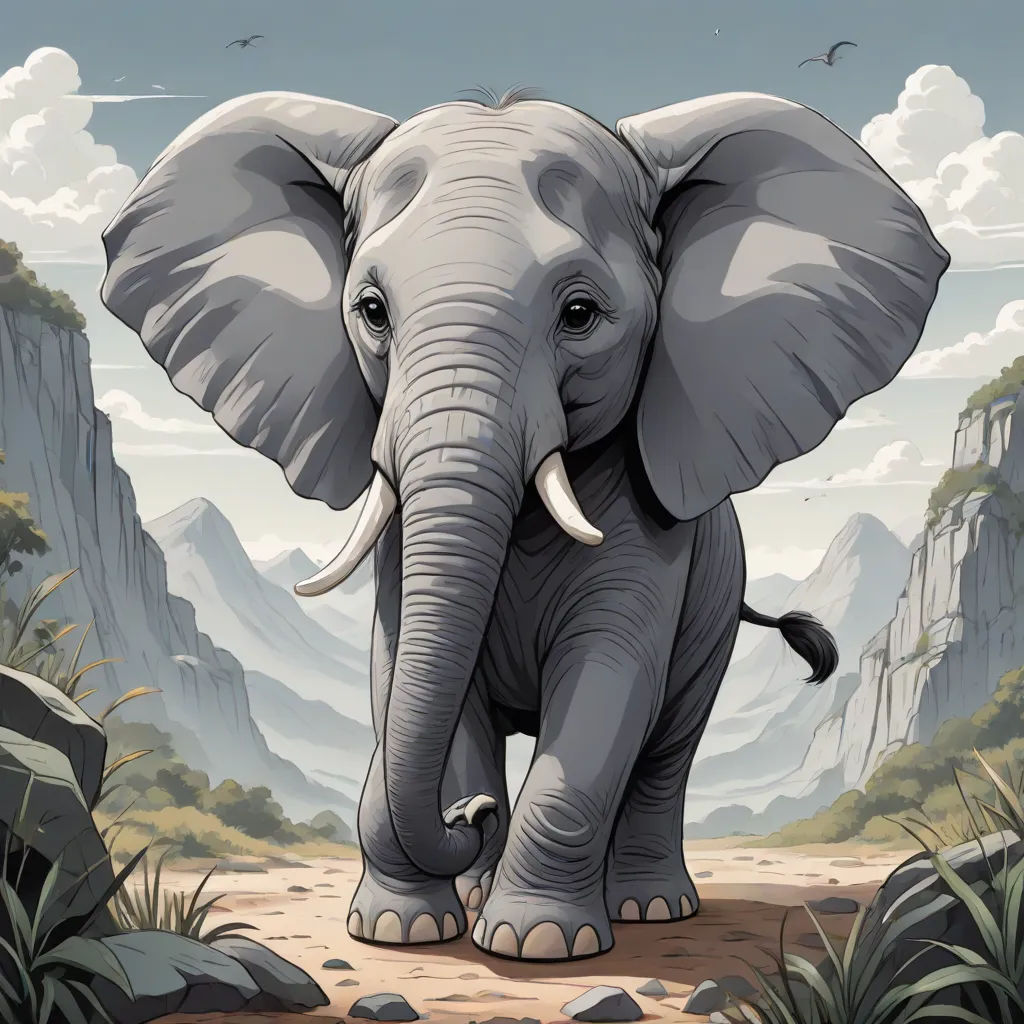 a cartoon elephant is walking in the wilderness with mountains in the background and birds flying overhead in the sky, Chris LaBrooy, fantastic realism, a digital painting, highly detailed digital painting