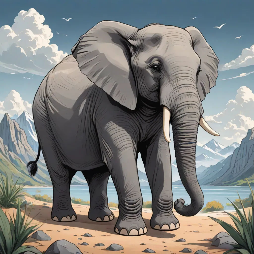 a large elephant standing on a dirt road near a lake and mountains with clouds in the sky above it, Chris LaBrooy, fantastic realism, a storybook illustration, detailed illustration