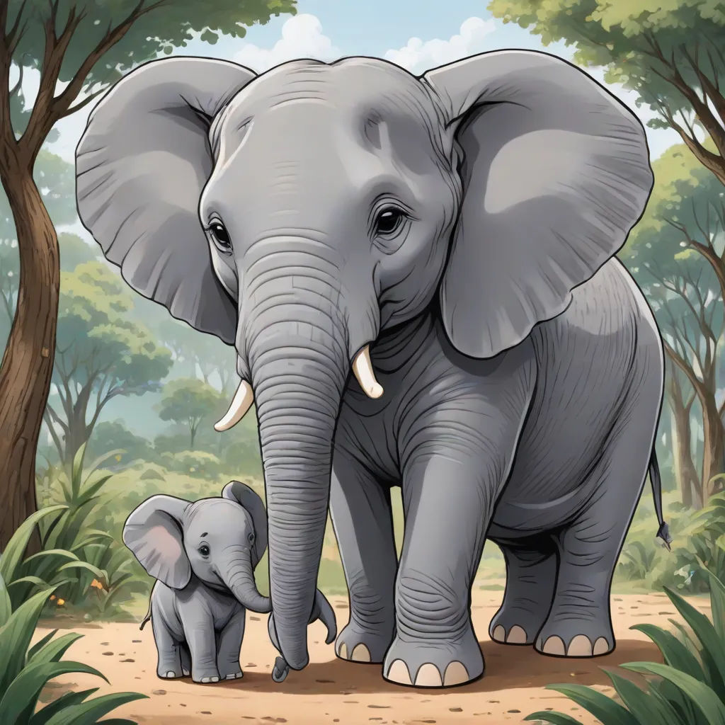 a baby elephant standing next to an adult elephant in a forest with trees and bushes behind it, with a baby elephant standing next to it, Amédée Ozenfant, sumatraism, a storybook illustration, storybook illustration