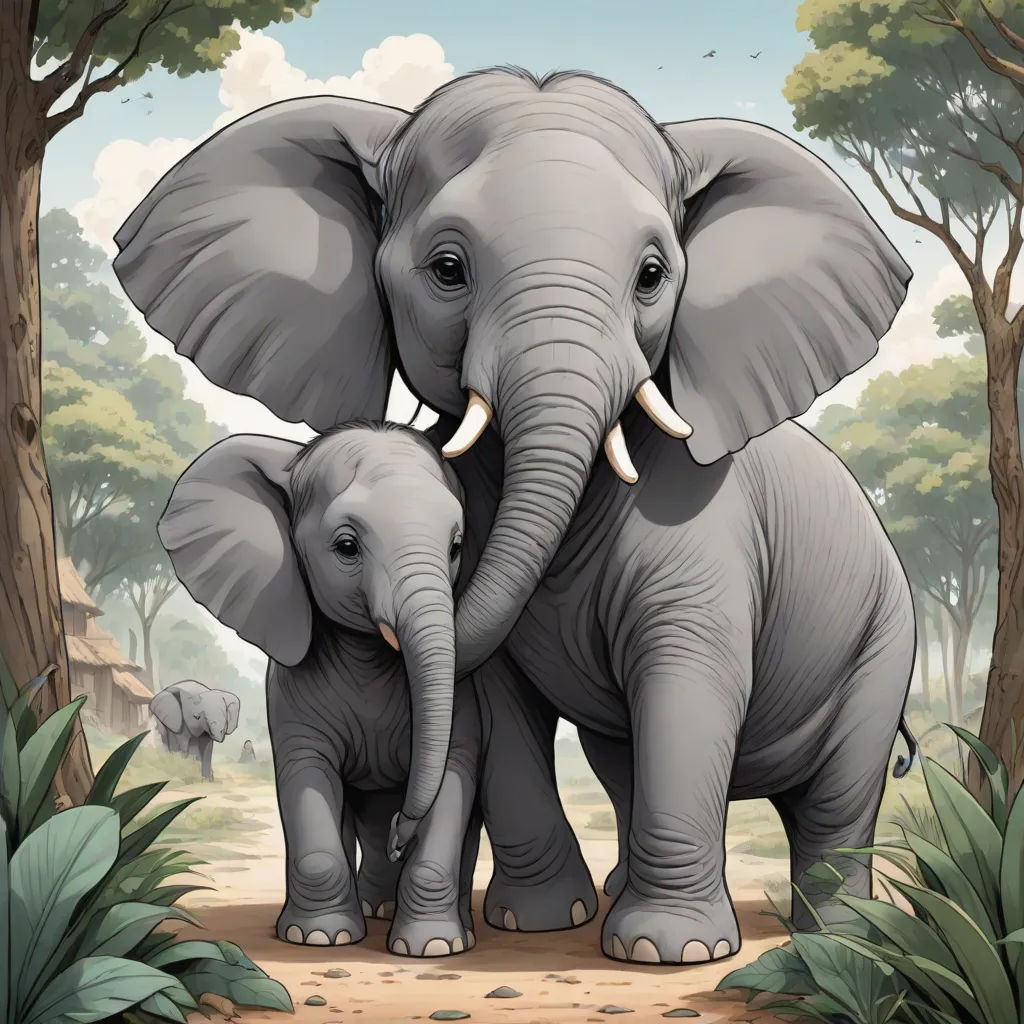 two elephants standing next to each other in a forest area with trees and bushes on either side of them, Chris LaBrooy, sumatraism, a storybook illustration, highly detailed digital painting