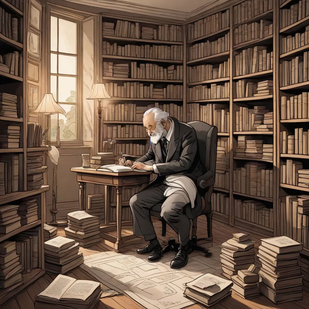 a man sitting in a chair in a library with a book on a desk and a lot of books on the floor, Cedric Peyravernay, analytical art, a storybook illustration, highly detailed digital painting