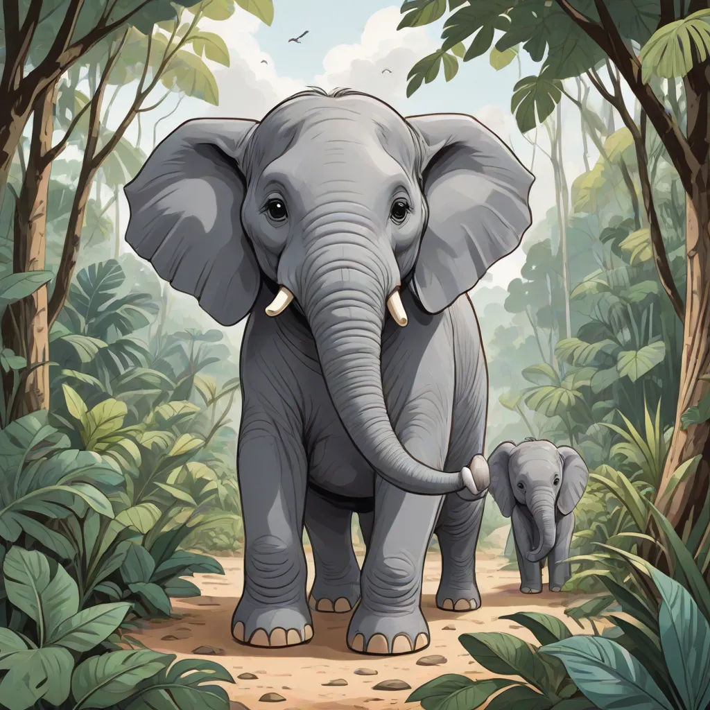 a baby elephant and an adult elephant walking through a jungle area with trees and leaves on the ground and a sky background, Amédée Ozenfant, sumatraism, a storybook illustration, storybook illustration