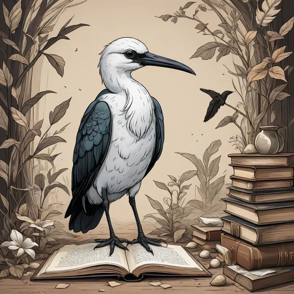 a bird is standing on a book in front of a bird and a bird flying over it's head, Chris LaBrooy, fantasy art, a storybook illustration, storybook illustration