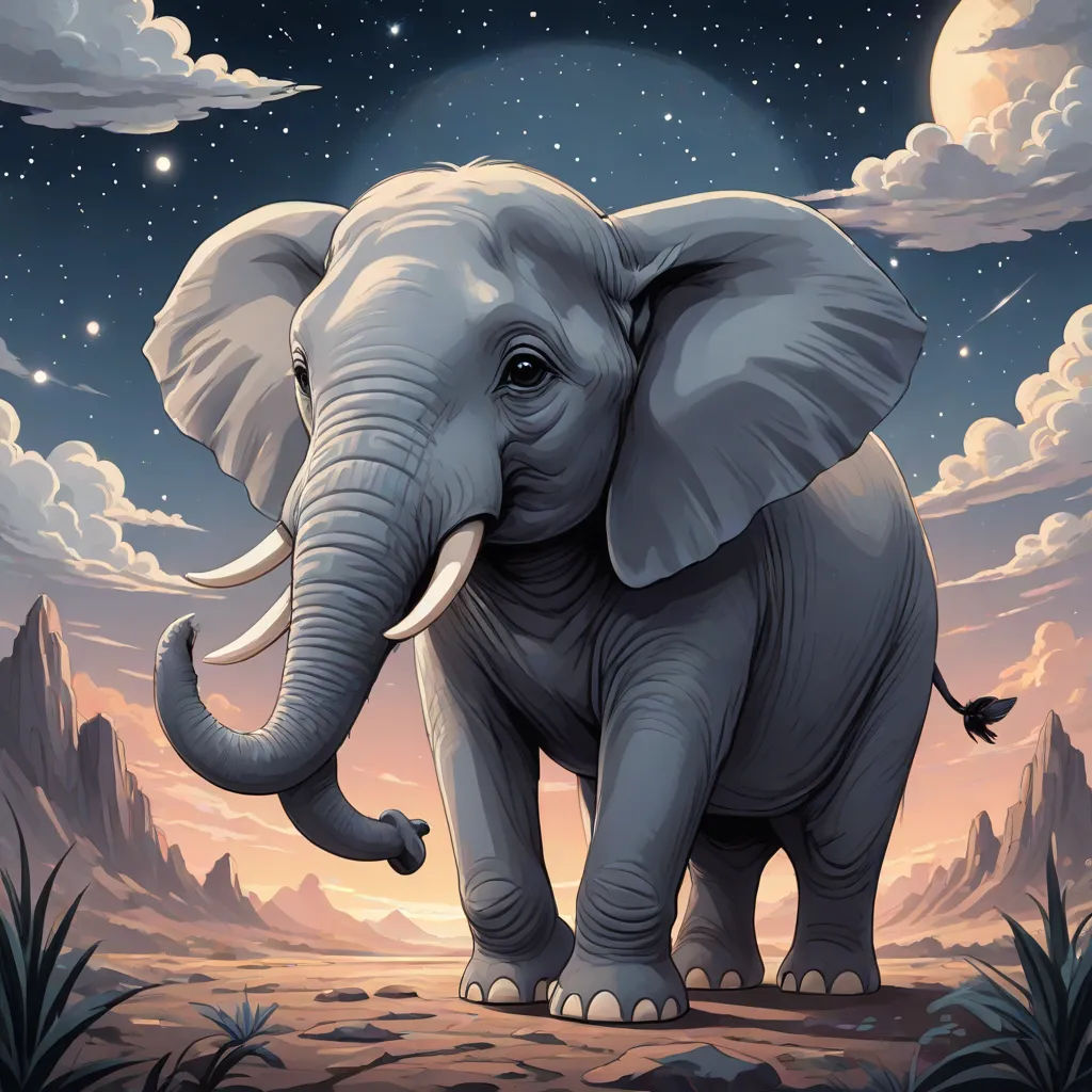 a painting of an elephant in the desert at night with stars and clouds in the sky above it and a full moon in the sky, Chris LaBrooy, pop surrealism, an airbrush painting, highly detailed digital painting
