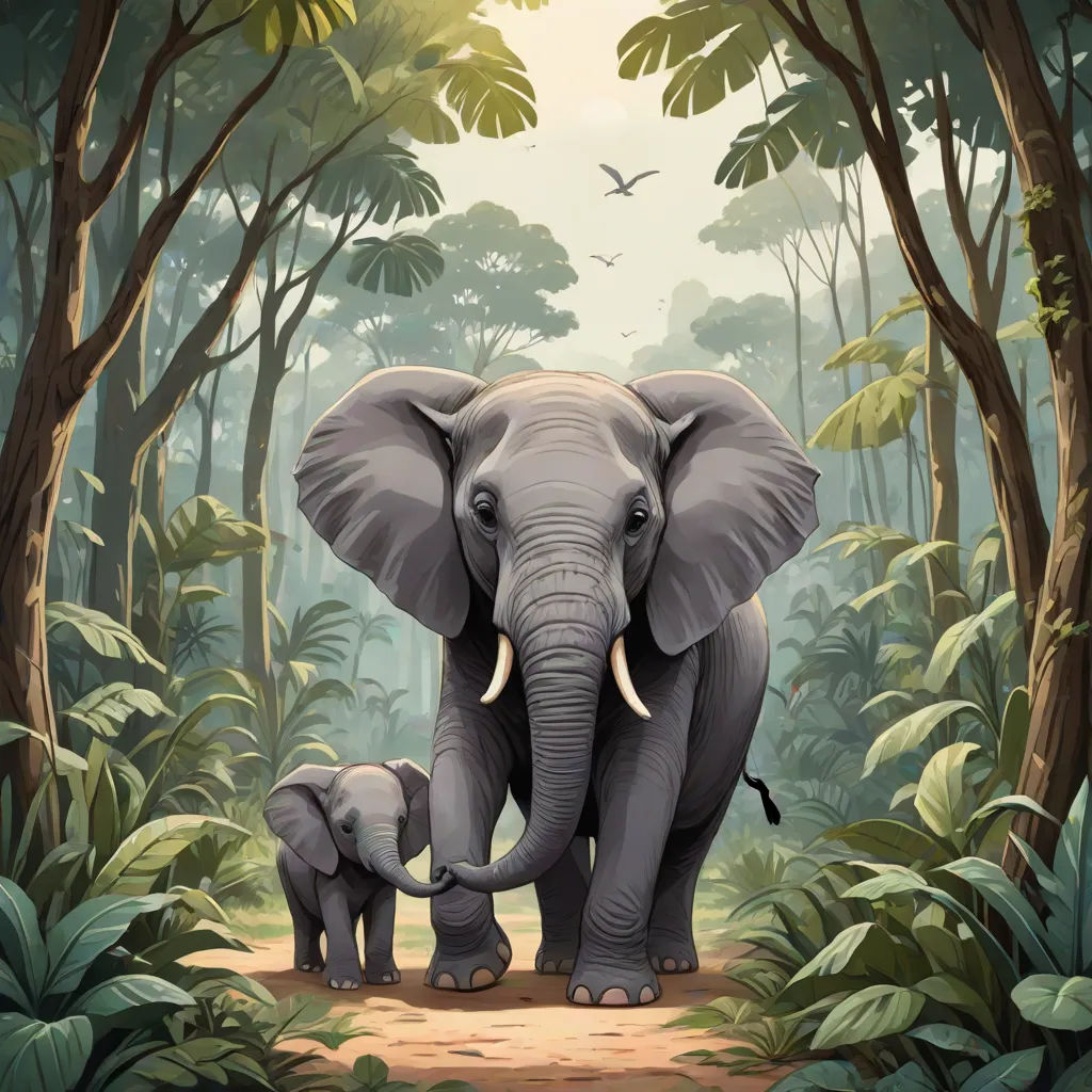 a painting of an elephant and her baby in a jungle setting with birds flying overhead and trees and plants, Chris LaBrooy, sumatraism, a storybook illustration, highly detailed digital painting