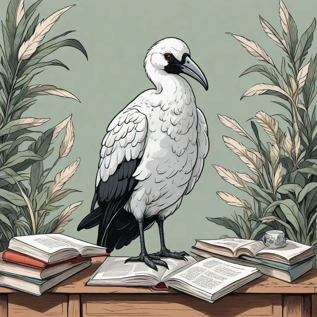 a bird sitting on top of a table next to a book and a cup of coffee on top of a table, Chris LaBrooy, academic art, a character portrait, book cover