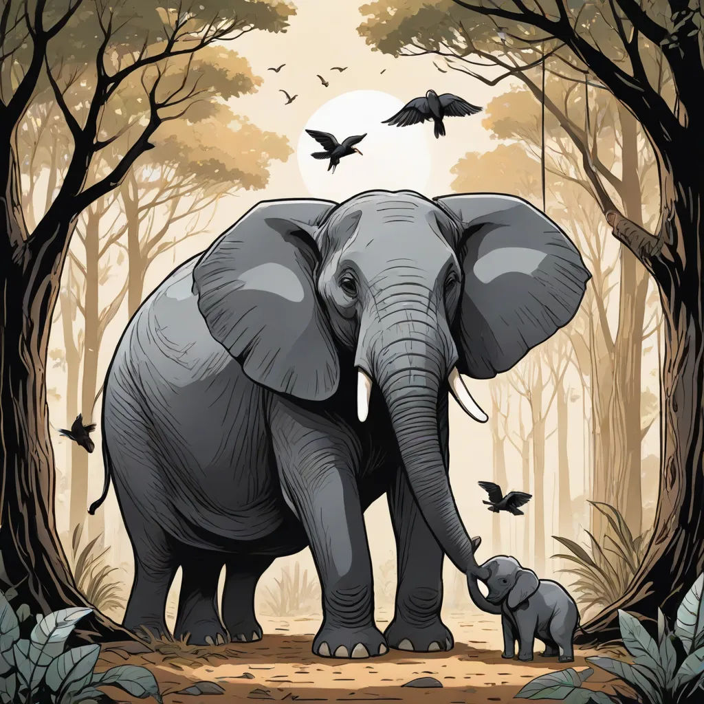 a large elephant and a small elephant in a forest with birds flying around it and a full moon in the background, Dan Mumford, sumatraism, a storybook illustration, detailed illustration