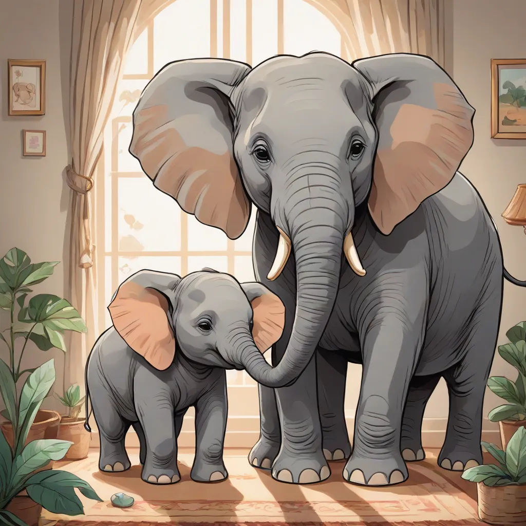 a couple of elephants standing next to each other in a room with a window and a plant in the corner, Amédée Ozenfant, photorealism, a storybook illustration, storybook illustration