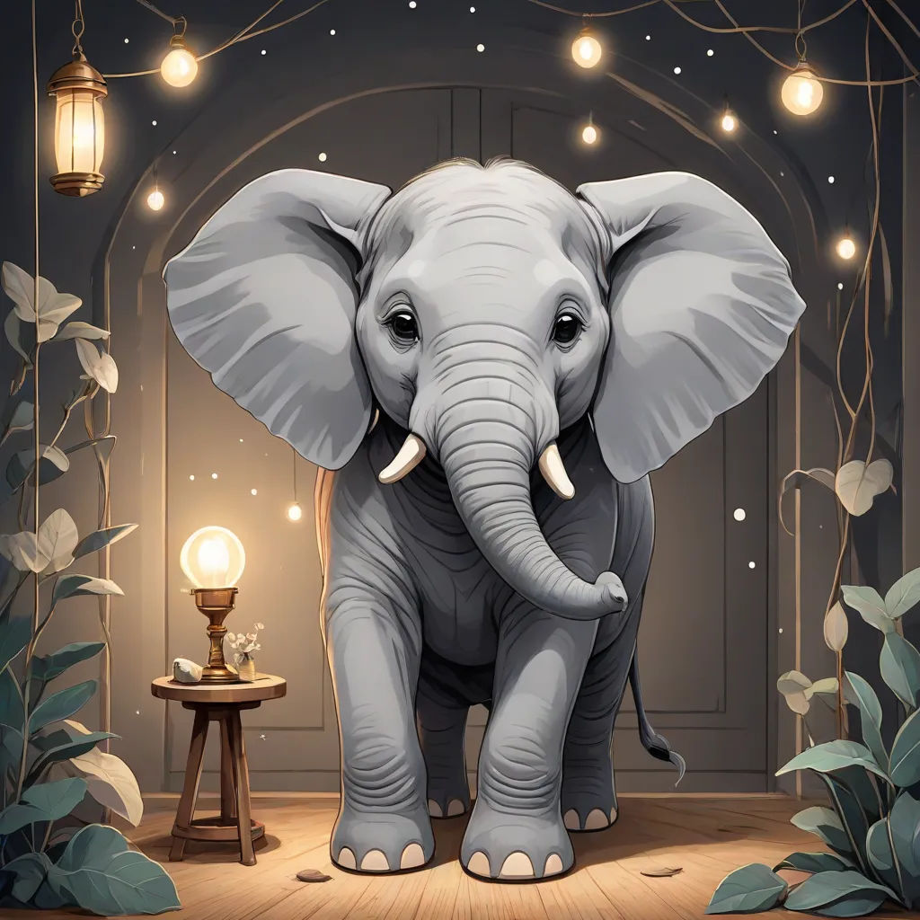 a cartoon elephant standing in a room with a lamp on the floor and a table with a lamp on it, Chris LaBrooy, magic realism, a storybook illustration, highly detailed digital painting