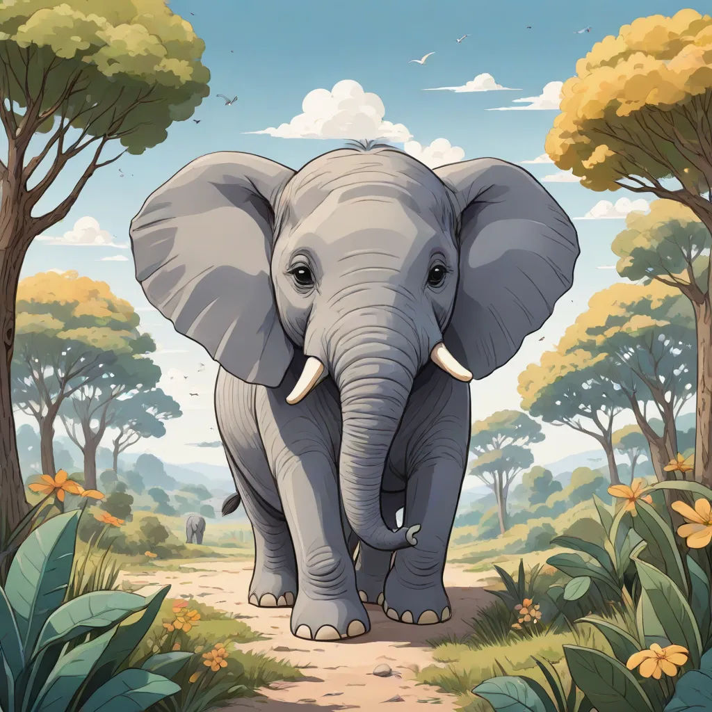 a cartoon elephant walking through a jungle with trees and flowers on the side of the road and a sky background, Chris LaBrooy, rayonism, a storybook illustration, high detail illustration