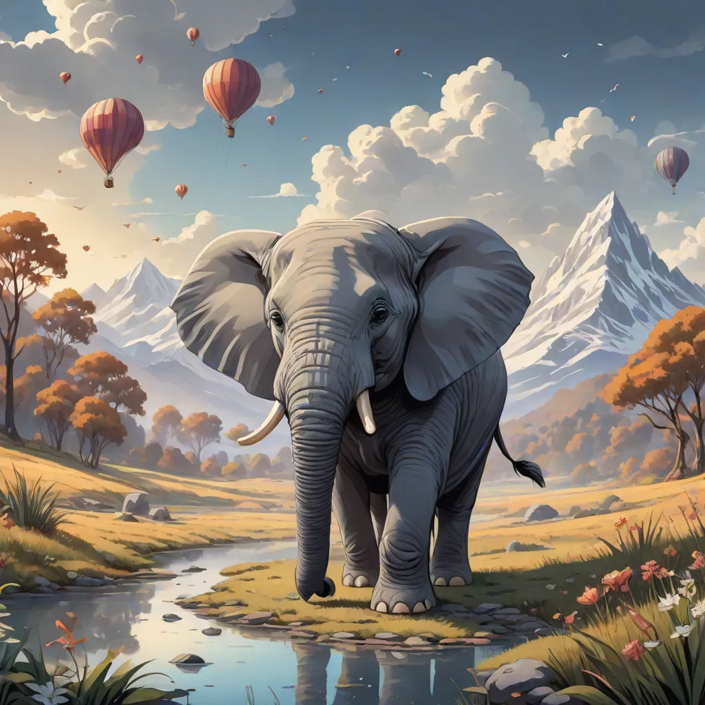 an elephant is standing in a field with hot air balloons in the sky above it and a mountain range in the background, Chris LaBrooy, fantastic realism, an airbrush painting, highly detailed digital painting