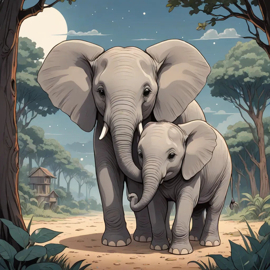 two elephants standing in the middle of a forest with a full moon in the background and trees and a house in the distance, Chris LaBrooy, sumatraism, a storybook illustration, storybook illustration