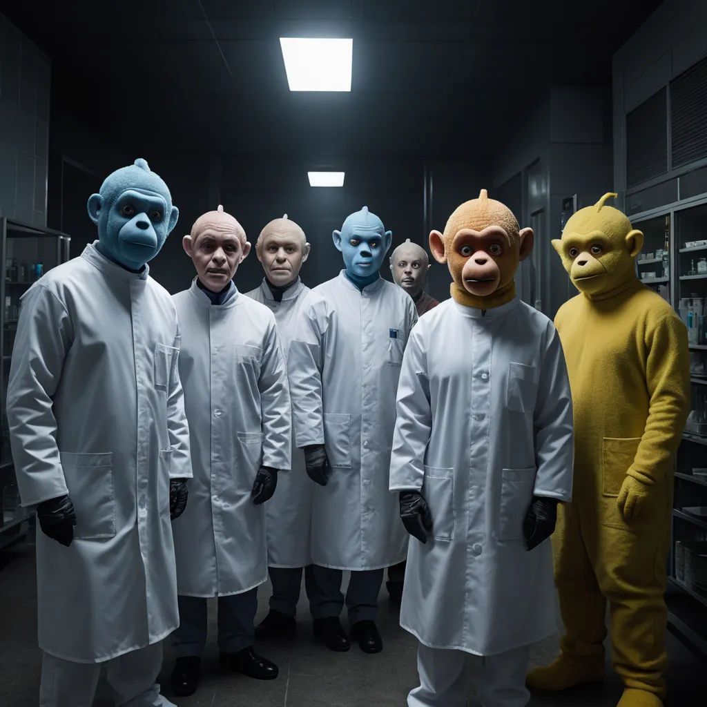 a group of people in white lab coats and masks standing in a room with shelves of shelves and shelves, bauhaus, an album cover, Bauhaus, promotional image