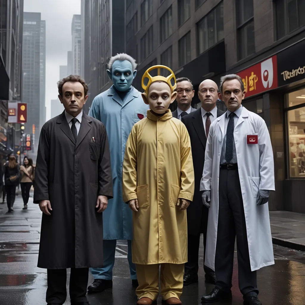 a group of people standing in the street with a man in a suit and a man in a mask, bauhaus, a poster, Bauhaus, promotional image