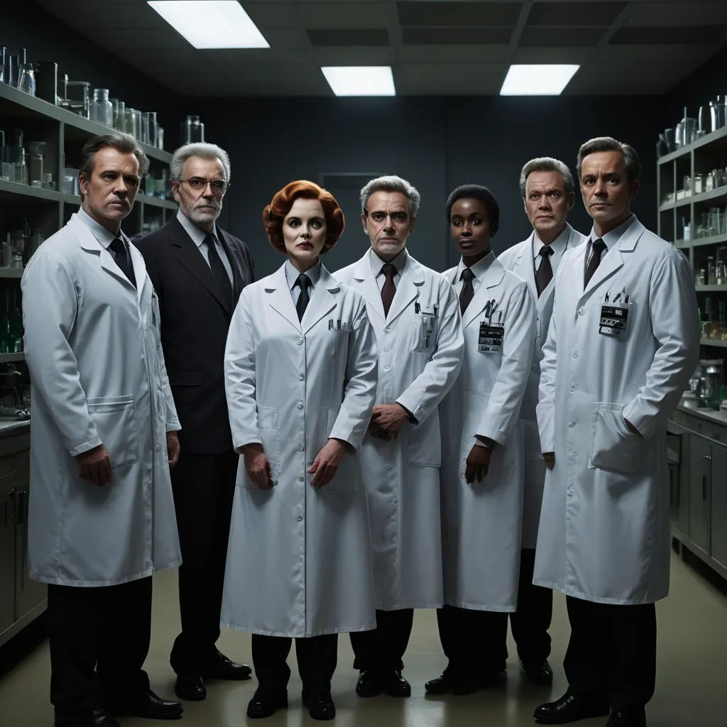 a group of doctors standing in a lab together in front of shelves of bottles and beakers on shelves, assemblage, a poster, Bauhaus, promotional image