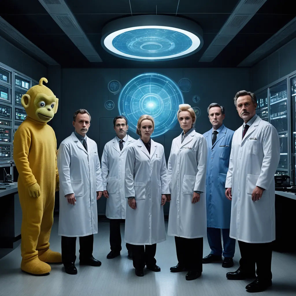 a group of people in lab coats standing in a room with a yellow creature in the middle of the room, bauhaus, an album cover, Bauhaus, promotional image