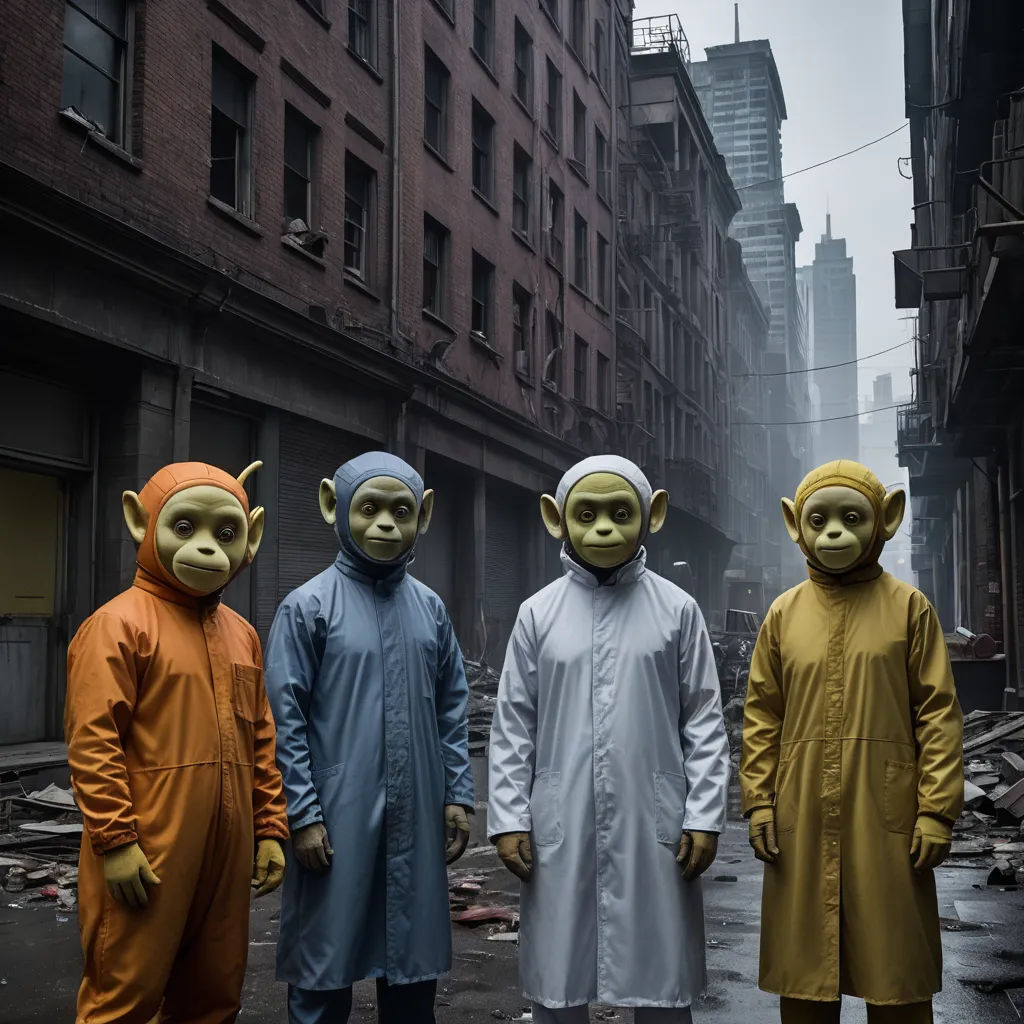 three men in costumes standing in a street with buildings in the background and a few people in the foreground, antipodeans, a colorized photo, Dom Qwek, vfx