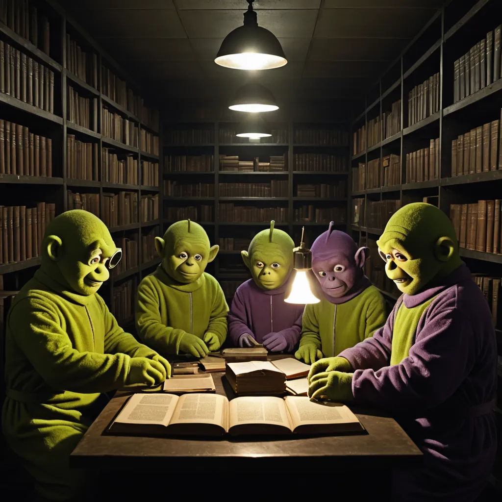 five people in green costumes sitting at a table in a library with a book open and a lamp on, academic art, a storybook illustration, Chris LaBrooy, dungeons and dragons