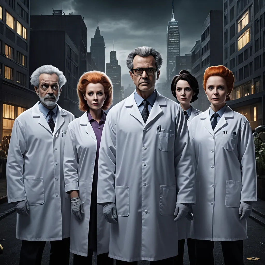 a group of people in lab coats standing in a city street at night with a dark sky in the background, bauhaus, a poster, Doc Hammer, promotional image