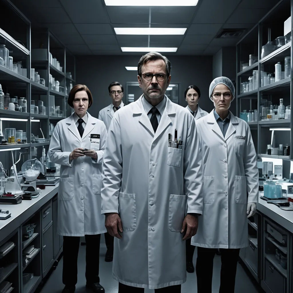 a group of people in lab coats standing in a room with shelves full of laboratory equipment and bottles on the shelves, assemblage, a poster, Ada Gladys Killins, promotional image